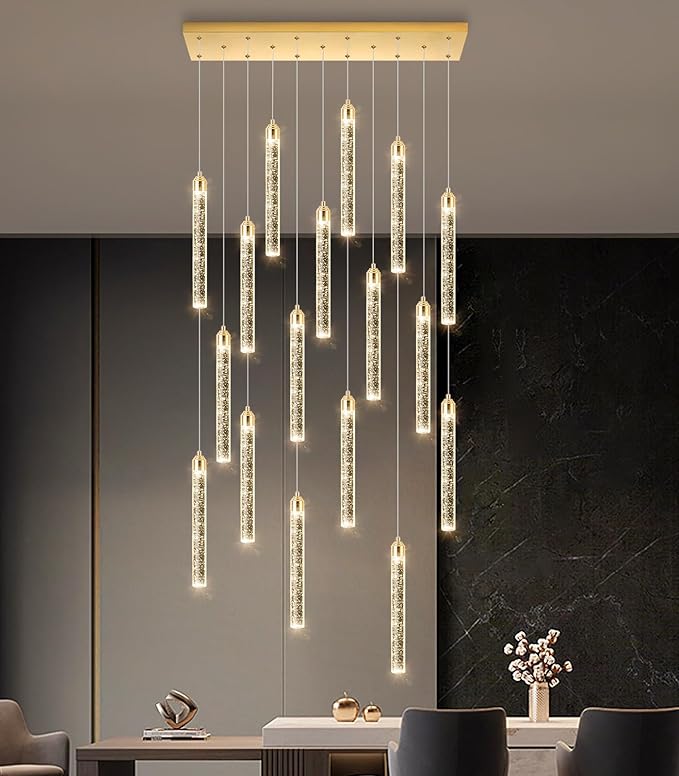 Rectangular Chandeliers 17-Lights Long Light for Entryway LED Dimmable Chandeliers Lighting Fixture Flat Sloped High Ceiling Pendant Lights Crystal for Living Room Foyer Hallway Staircase Gold