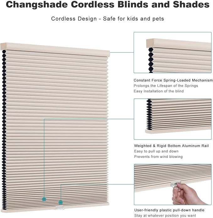 Changshade Cordless Cellular Shades, Blackout Honeycomb Shades for Windows, Pull Down Pleated Blinds, Easy to Install for Indoor Windows and French Doors,30" W x 64" H, Beige