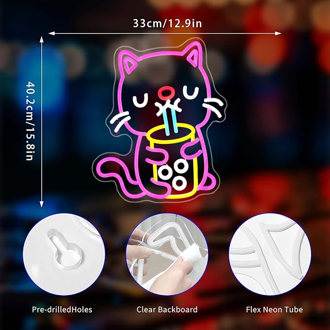 Cat Boba Tea Neon Sign, Neon Signs for Wall Decor Neon LED Signs Room Neon Light Up Signs Home Decor for Bedroom Club Party Bar Shop USB Operated