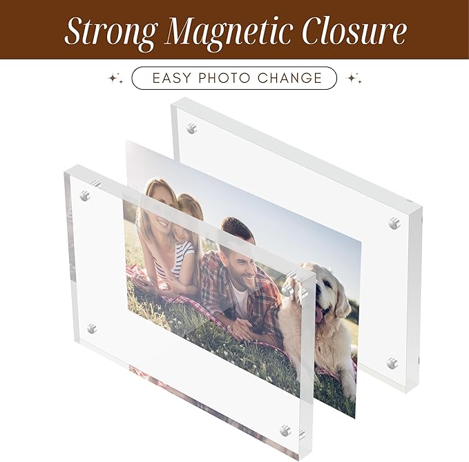 CATIFLIN 5x7 Magnetic Acrylic Frames 2 Pack, Double Sided Clear Frameless Picture Frame Blocks, 20mm Thick Photo Frames Free Standing Display for Family Photos, Certificates, Office, Artwork