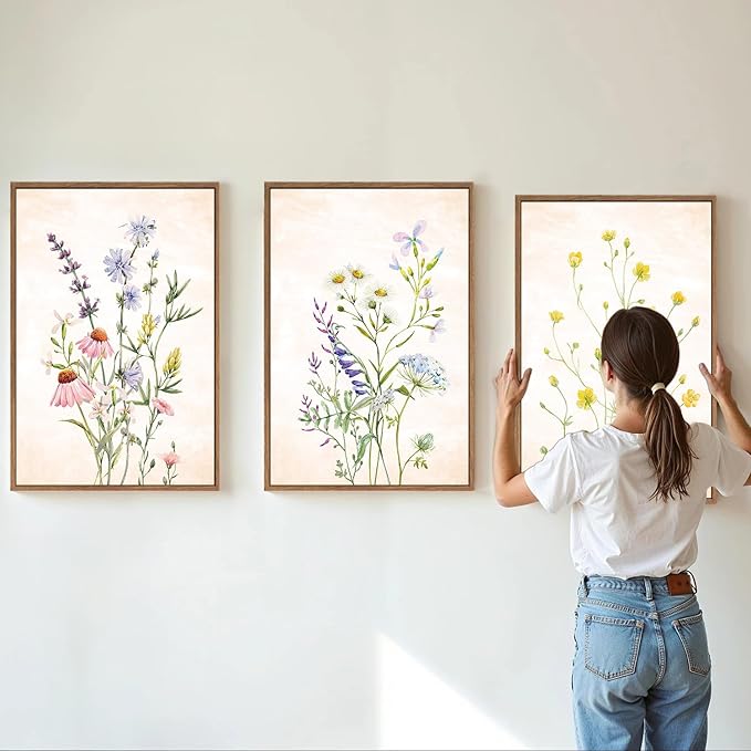 SIGNINART Watercolor Wildflower Framed Canvas Wall Art Set of 3, Boho Botanical Spring Floral Wall Decor, Colorful Minimalist Plant Art Prints for Farmhouse Living Room, Bedroom, Office, Bathroom 16"x24"