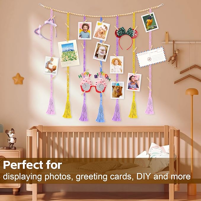Boho Macrame Hanging Photo Display Wall Decor With 45 Clips Frame Collage Board With Wooden Beads For Bedroom Classroom Nursery Gifts For Teenage Girls
