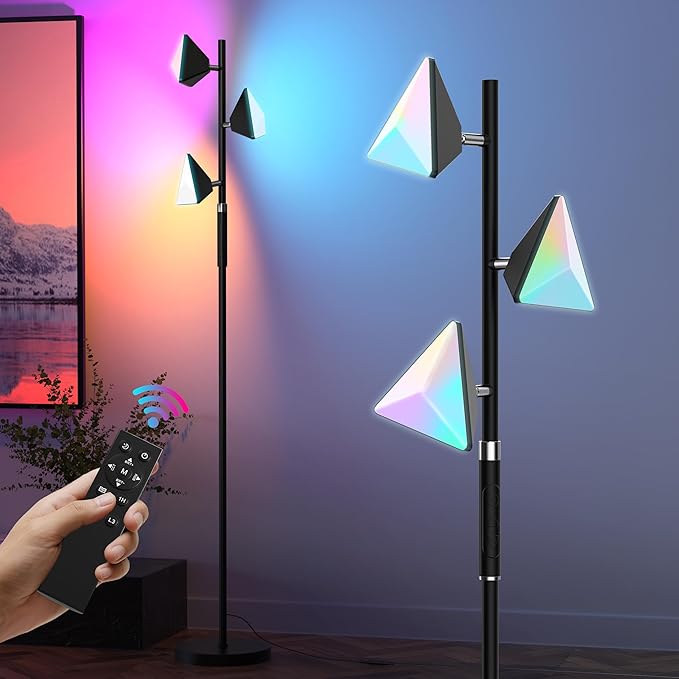 PARTPHONER RGB Tree Floor Lamp for Living Room, Stepless Dimmable Tall Standing Lamp with Remote, Touch Control and 3 Rotatable Light, Bright LED Lights for Bedroom with 4 Color-Changing, Black