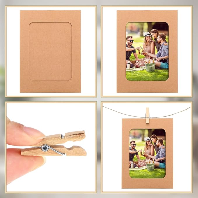 Janlaugh 100 Pcs Paper Photo Frames 4x6 Kraft Paper Picture Frame with 100 Clip 10 String Kit DIY Hanging Cardboard Photo Holder Back to School Wall Decor Wedding Home