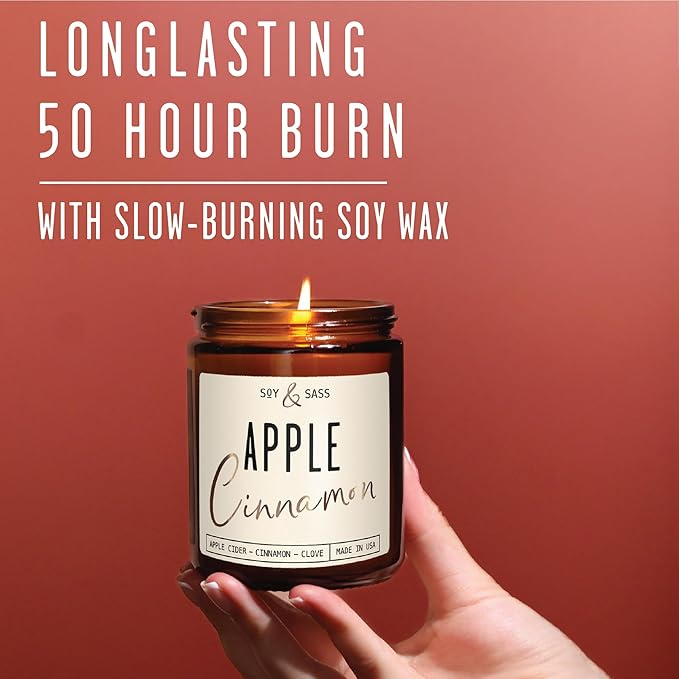 Apple Cinnamon Candles, Cinnamon Apple Candle - 'Apple Cinnamon' Infused w/Essential Oils I Scented Strong Soy Candles for Home for Christmas/Fall I Apple Pie Candle I 50Hr Burn, Made in USA