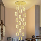 Large Crystal Chandeliers for Stairs Long Spiral Chandelier for High Ceilings LED Crystal Ring Chandelier Dimmable 2700K-6000K 16-Light Gold