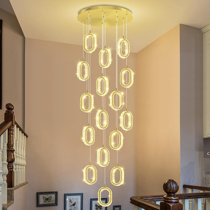 Large Crystal Chandeliers for Stairs Long Spiral Chandelier for High Ceilings LED Crystal Ring Chandelier Dimmable 2700K-6000K 16-Light Gold