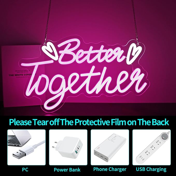 Neon Sign, HSJNJKFU Better Together Neon Signs for Wall Decor Pink Light Led Sign for Room Home Party Birthday Wedding Bar Signs - USB Powered