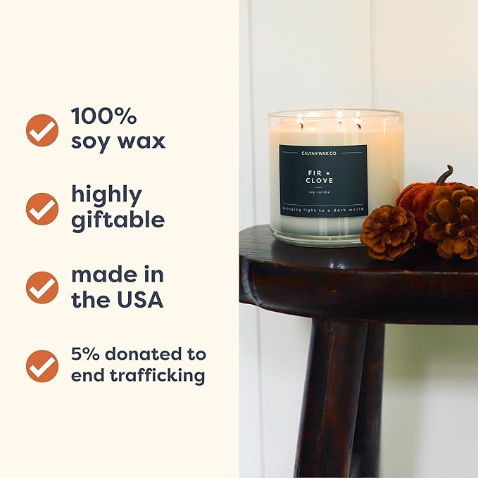 Calyan Wax Co. 3 Wick Candle, Fir + Clove Scented Candle, 43 Hour Burn Time, 3 Wick Soy Candles, Non Toxic & Vegan Soy Wax, Glass Jar Holiday Scented Candles, 14.9oz