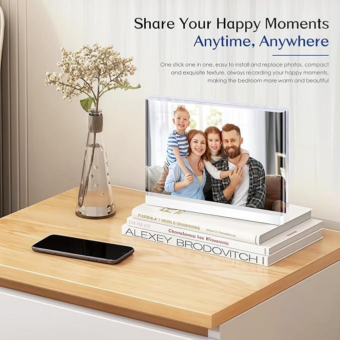 5x7 Magnetic Acrylic Photo Frame – Double-Sided Clear Picture Display Frame with White Base, Tabletop Acrylic Frame for Home & Office Decor (4-Pack, Horizontal display)