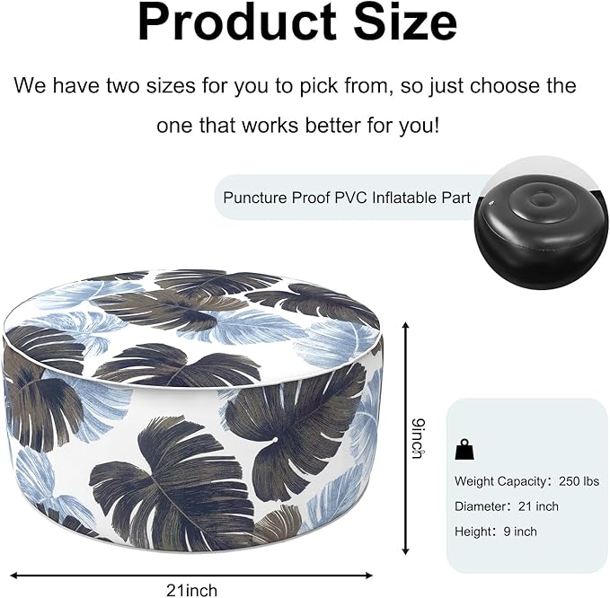 Inflatable Ottoman Stool D21 xH9 for Outdoor/Indoor Use, Water Repellent Patio Foot Rest Stool with Portable Handle,Round Pouf Ottoman Suitable for Garden,Deck and Camping - Monstera Blue
