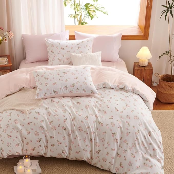 Floral Comforter Set Twin Size - 2 Pieces Pink White Floral Comforter Bedding Sets Reversible Pattern,Twin Bed in a Bag with Flowers Comforter and 1 Pillowcase