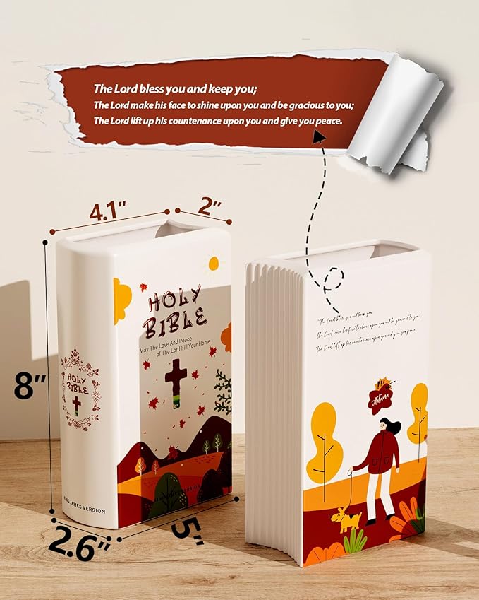 Bible Blessings Fall Flower Vase - Modern Ceramic Book-Shaped Vase for Flowers - Christian Desk Decor for Prayer Room, Dining Table, Coffee Tables, Entryway Console, Religious Gifts (Orange Fall, XL)