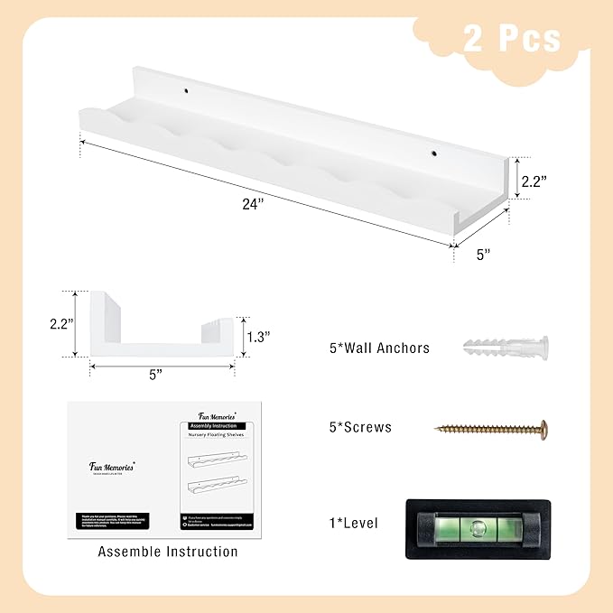 Fun Memories Picture Ledge Shelf for Wall, 24 inch Pine Wood Nursery Book Shelves Set of 2- Wall Book Shelves for Kids Room, Home Decor - Kitchen Spice-White