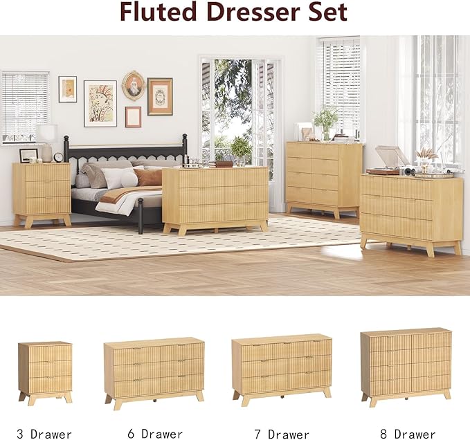 Fluted Dresser for Bedroom,8 Drawer Dresser for Closet Organizer and Storage Cabinet,Chest of Drawers with Gold Handle,TV Stand,Storage Organizer for Living Room,Hallway,Entryway,Nature Oak