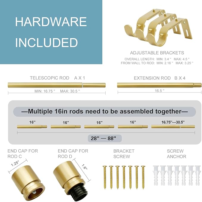 Curtain Rods for Windows 16 to 88 Inches Adjustable Length 1 Inch Diameter Window Curtain Rod with Aluminium Finials, Flash Gold