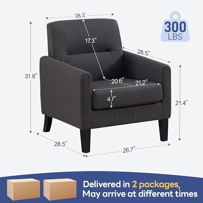 Accent Chairs Set of 2, Mid Century Modern Living Room Chairs Comfy Reading Chair with Upholstered Cushion Relax Armchair for Bedroom Apartment,Office,Dark Grey