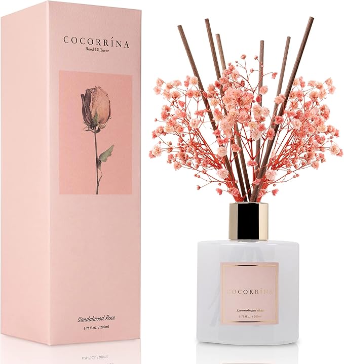 Cocorrína Premium Reed Diffuser Set with Preserved Baby's Breath & Cotton Stick Sandalwood Rose | 6.7oz Scent Fragrance Oil Diffuser for Bedroom Bathroom Home Décor