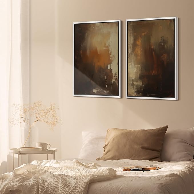 SIGNFORD Framed Canvas Print Wall Art Set Abstract Burnt Sienna and Beige Illustration Modern Art Decorative Nordic Nature for Living Room, Bedroom, Office - 16"x24"x2 White