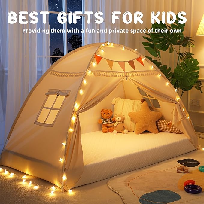 Toddler Canopy Lights & Flags Indoor Floor Bed Kids Tent Playhouse Portable & Foldable Twin Bunk Bed Curtains Girls & Boys House Bedroom Privacy Space Sleeping Tents Gifts Golden Beige Large Size