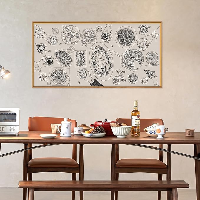 Vintage Food and Drink Framed Canvas Wall Art Set,Retro Sketch Pizza Cheers Wall Decor,Thanksgiving Dinner Turkey Artwork,Black and white Art Prints for Kitchen,Dining Room,Gatherings Decor-20"x40"