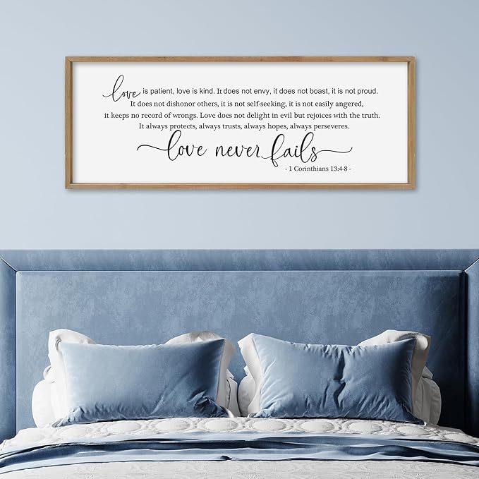 SRSZHIYUE Love is Patient Kind Sign Wall Decor Art 40"×15" 1 Corinthians 13 4-8 Master Bedroom Christian Wood Framed Large Wall Hanging (Wood)