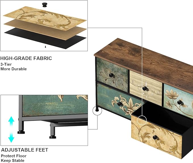 Tohomeor Dresser with Drawers for Bedroom Chest of Drawers Fabric Dresser for Closet,Nursery Entryway Hall Tree TV Stand for Living Room Retro Floral Pattern Drawers Wooden Top (5 Drawers)