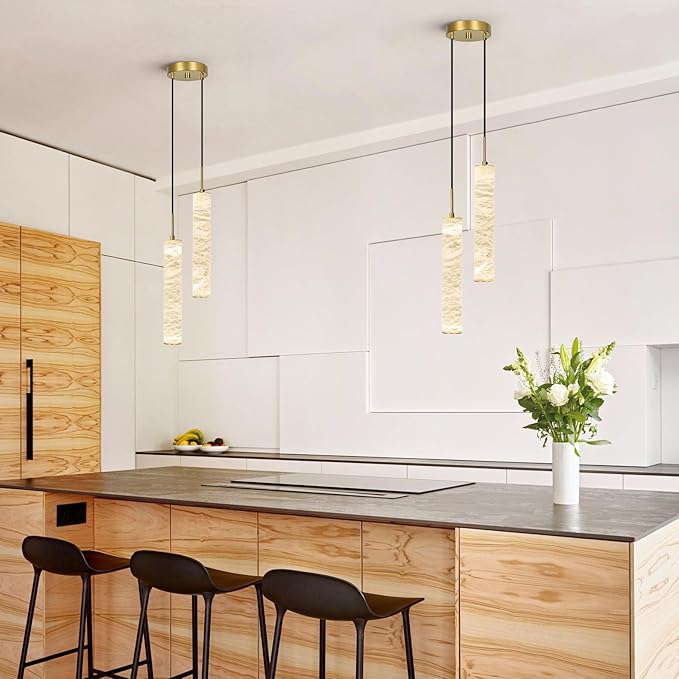 LMQNINE Natural Alabaster Pendant Lights for Kitchen Island White Marble Long Tube Chandelier Modern Gold Ceiling Light Fixtures for Bedroom Dining Room Table Living Room Hallway(M-2Light)