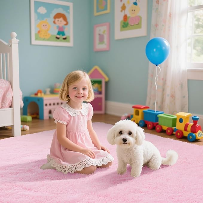 Pink Fluffy Rug Shaggy Area Rug, 8x10 Area Rugs for Girls Bedroom, Big Soft Shaggy Bedside Non-Slip Plush Dorm Nursery Kids Carpet Home Decor Aesthetic