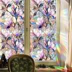 Stained Window Film Decorative Purple Magnolia Flower Static Glass Clings Stickers for Home Office Living Room Bedroom Glass Windows Door Decor 16.93 x 39.37 Inches