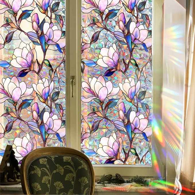 Stained Window Film Decorative Purple Magnolia Flower Static Glass Clings Stickers for Home Office Living Room Bedroom Glass Windows Door Decor 16.93 x 39.37 Inches