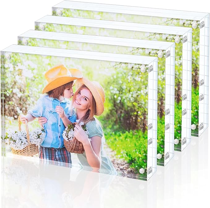 Acrylic Picture Frame , Clear Freestanding Double Sided 20mm Thickness Frameless Magnetic Photo Frames Desktop Display with Gift Box Package (4x6 4 pack)