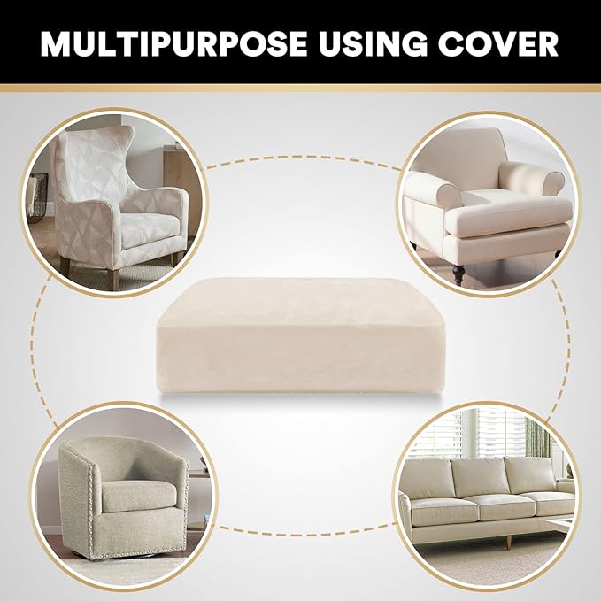 PrinceDeco Stretch Velvet Couch Cushion Cover,Soft Fitted Cushion Slipcover for Chair Cushion Furniture Protector Seat Cushion Sofa Cover Width Up to 29.5", Ivory