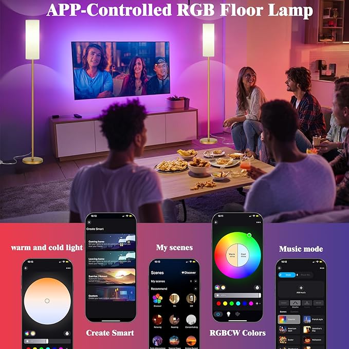 Smart LED Floor Lamp with APP Control & RGB Colors - Dimmable Standing Lamp for Living Room, Bedroom, Gaming - Remote, Timer, 9W Bulb Included, 67" Modern Tall Lamp (Gold)