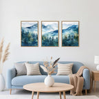 Celestdeco Blue Ridge Mountains Forest Framed Canvas Wall Art Set, Natural Landscape Wall Decor, Green Pine Trees Wall Painting, Woodland Artworks for Living Room, Bedroom, Dining Room - 24"x36"x3