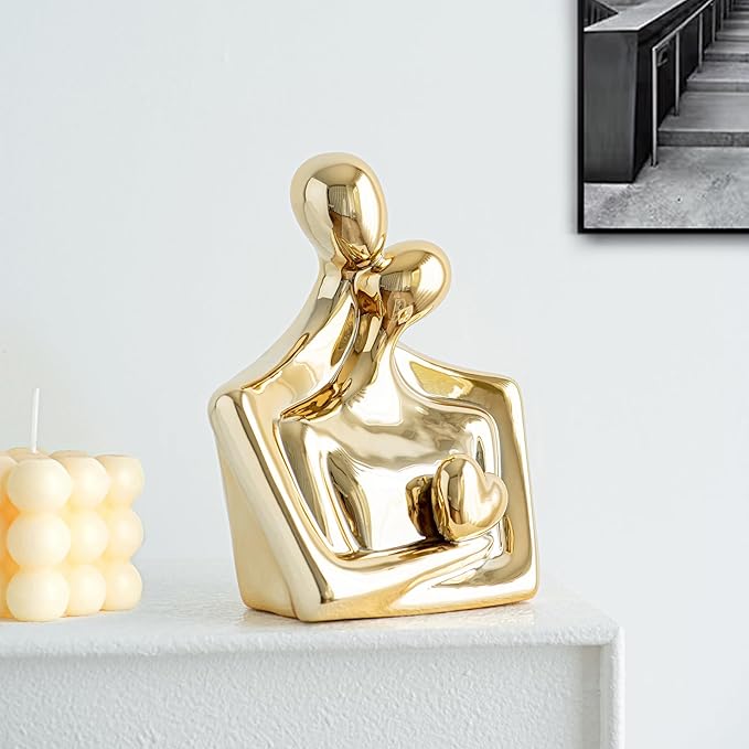 Porcelain Romantic Couple Figurines Statue Gold Aesthetic Decorations Hugging Couple Sculptures - Modern Ceramic Sculpture Home Accents for Living Room Bedroom Coffee Table, Desktop, Bookshelf