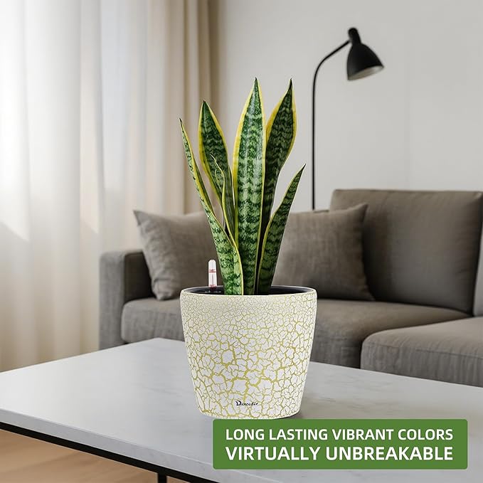 Dexceder 11x10 Inches Self Watering Planter Indoor Outdoor, Inner Pot Design, Thickened Table Flower Plant Pot with Water Level Indicator (White Gold Crackle)