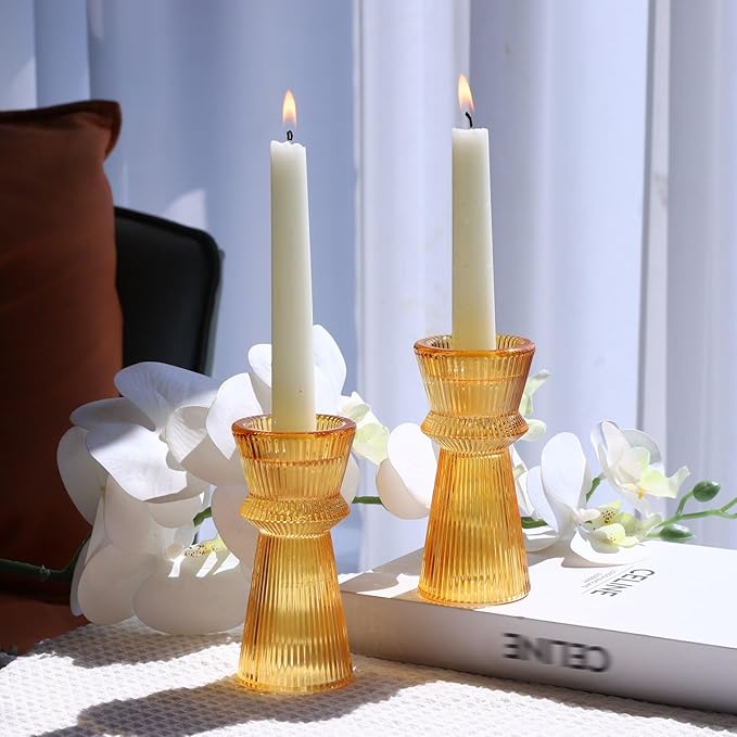 VOHO Vintage Ribbed Taper Candle Holders Set of 3, Boho Amber Candle Sticks Holder Decor Fall Centerpieces for Tables Thanksgiving, Minimalist Tapered Candlestick Holders for Tea Light & Taper Candles
