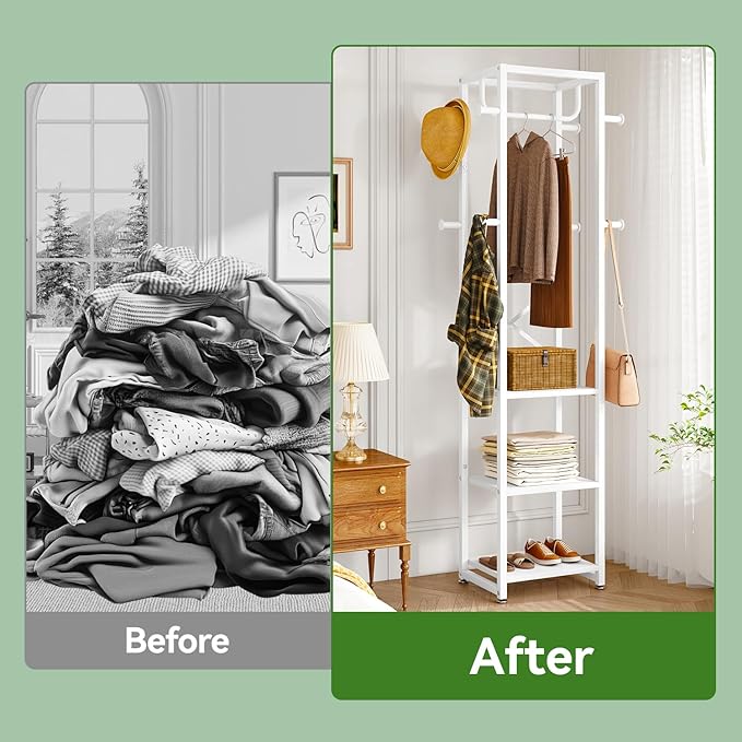 IBUYKE Coat Rack with Shelves, Freestanding Hall Tree with 3 Shelves and 8 Hooks, Industrial Clothes Stand for Entryway, Hallway, Bedroom, White UTMJ088W