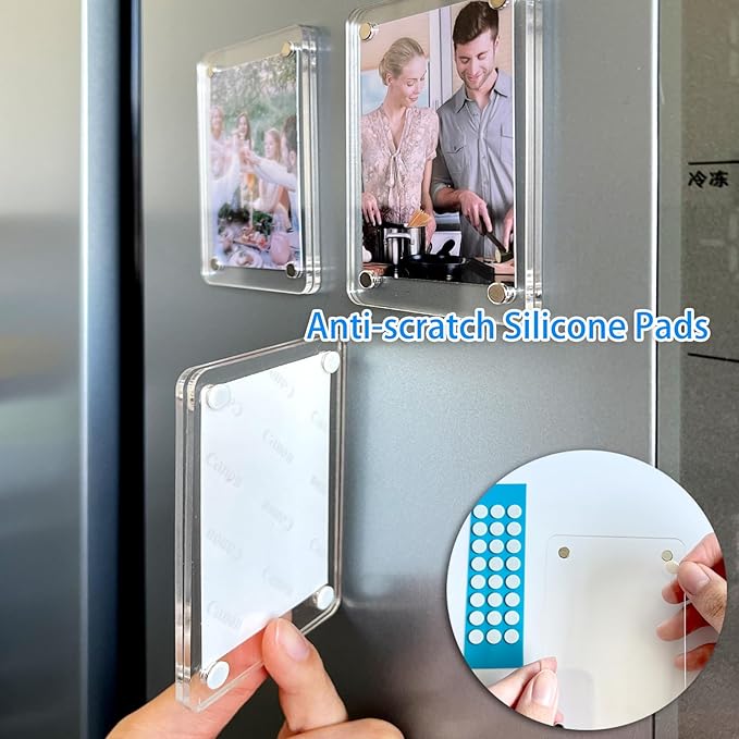 FQEIUO 4 Pack Magnetic Picture Frames for Refrigerator, 4X6 Inch Acrylic Photo Frames, Double Sided Clear Magnet Frame, Suitable for Refrigerator Display, Storage Cabinets, and Message Boards