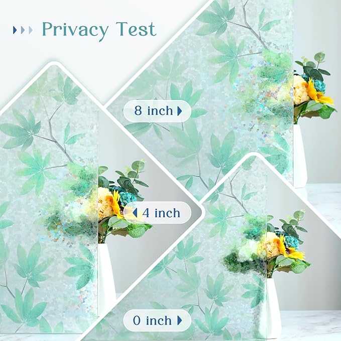 Haton Window Privacy Film, Decorative Stained Glass Window Clings, 3D UV Sun Blocking Sticker, Removable Static Cling Heat Control Tint for Home Door, Leaf Rainbow, 35.4" x 157.4" Non-Adhesive