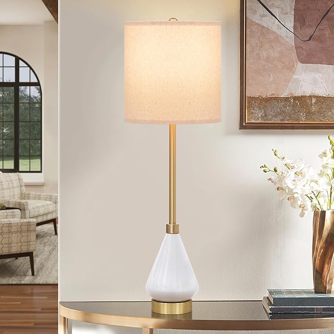 32" White Buffet Lamps Set of 2 for Living Room, Ceramic Buffet Table Lamps for Dining Room, Tall Skinny White Gold Lamps Set of 2, Modern Candlestick Lamps for Credenza, Sideboard, Hallway