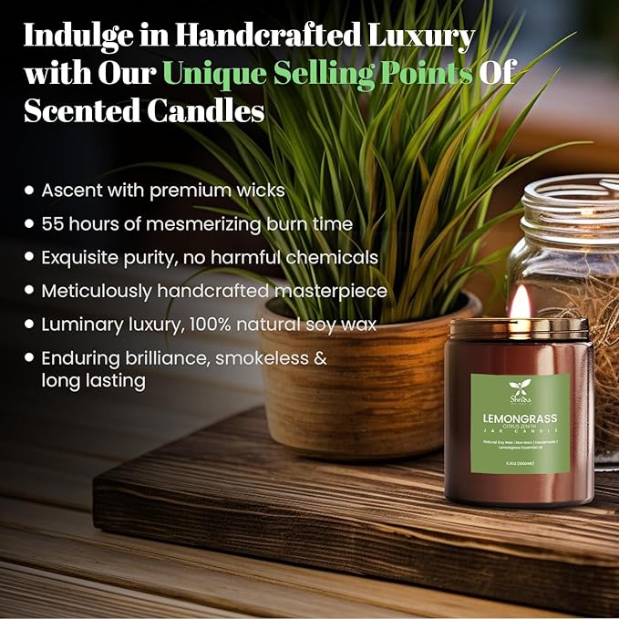 Lemongrass Scented Soy Jar Candle – 6.3oz Natural Soy Wax Candle for Stress Relief – Clean, Long-Lasting Burn – Non-Toxic Aromatherapy Gift for Her – Home Spa & Room Décor