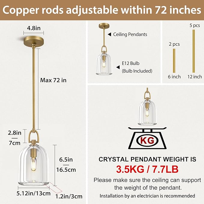 Botanist Cloche K9 Crystal Pendan Light,Modern Crystal and Brass Pendant Lights Fixture,Gold Pendant Lights Kitchen Island,Kitchen Pendant Lighting Over Island,E12 Bulb Included