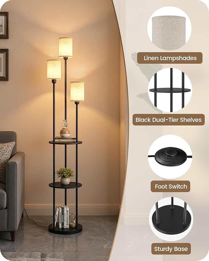 Floor Lamp with Shelves, Modern Floor Lamp with 3 Linen Shades and Foot Switch, 3-Light Standing Lamp, for Living Room, Bedroom, Study, Office, Black and Beige E53LD05