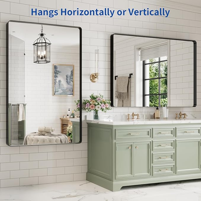 WEER Black Bathroom Mirror for Wall, 60X40 Inch Matte Black Mirror, Rectangular Black Metal Framed Vanity Mirror with Tempered Glass, Rounded Corner, Anti-Rust (Horizontal/Vertical)