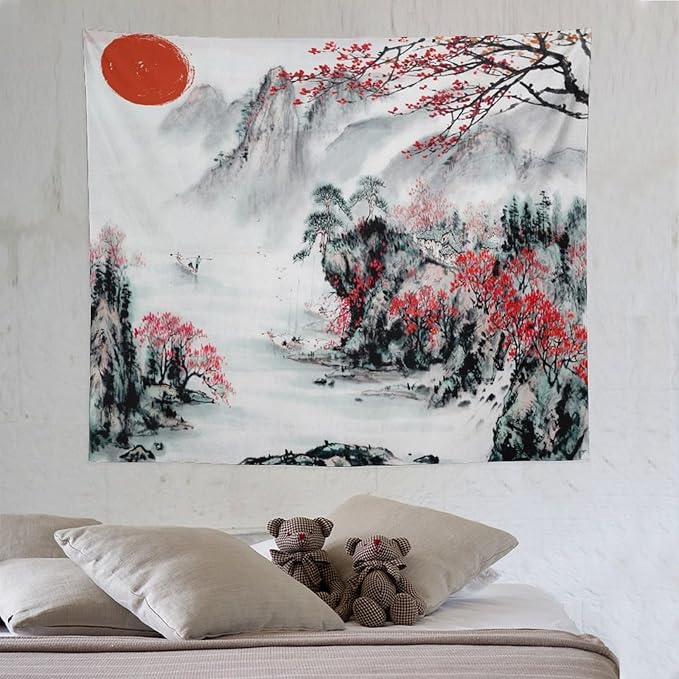 Cherry Blossoms Tapestry,Japanese Red Landscape Asian Watercolor Abstract Art Tapestry, Asian Japanese Wall Tapestry, Nature Landscape Tapestries for Bedroom Living Room Decor 60"x50"