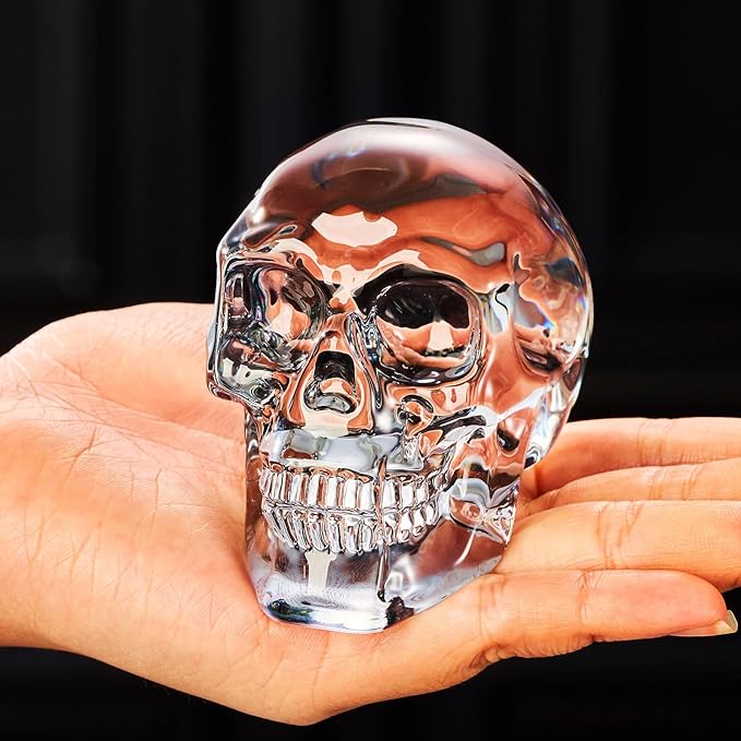 Crystal Halloween Skull Skeleton Decor with Gift Box, Glass Skull Gifts for Men Home Decorations, Art Glass Day of The Dead Skull Halloween Paperweights Collectibles (Black)