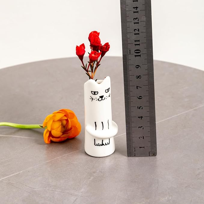 Set of 5 Cat Flower Vase Bud Ceramic Small Cute Mini Handmade Decor - Unique Modern Tiny Wedding Party Birthday Gift - Bulk Trendy Pretty Little Vases