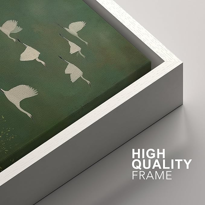 SIGNFORD Framed Canvas Print Wall Art Set Flight of Cranes Elegant Birds in Soft Green Hues Illustration Modern Art Decorative Nordic Nature for Living Room, Bedroom, Office - 24"x36"x2 White